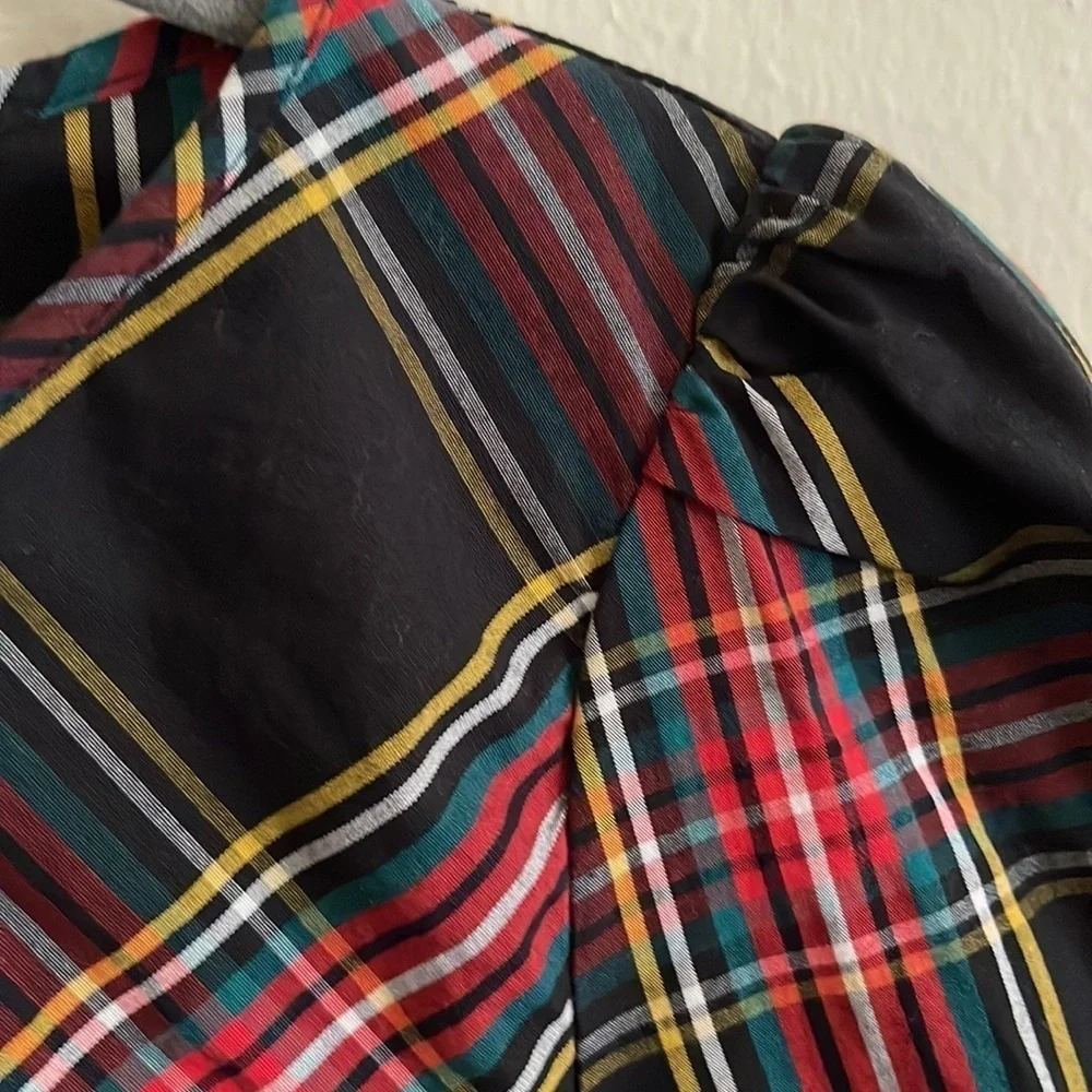 J Crew Women's Christmas Black Tartan Plaid Puff Sleeved Top XS Organic Cotton